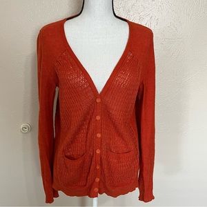 Anthropologie Sparrow Burnt Orange Crochet Knit Linen Button Up Cardigan